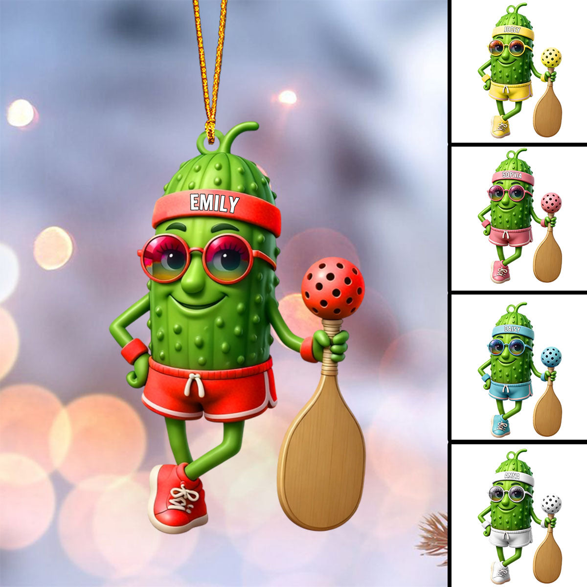 Personalized Sporty Cucumber Pickleball Christmas Acrylic Ornament