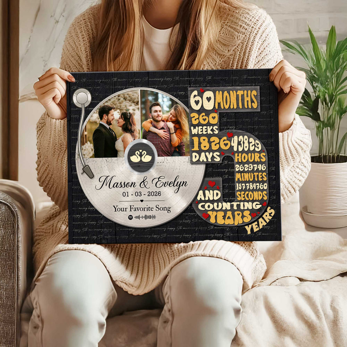 Personalized Record Photo Canvas Poster, Wedding Anniversary Keepsake Gift For Wift, Husband