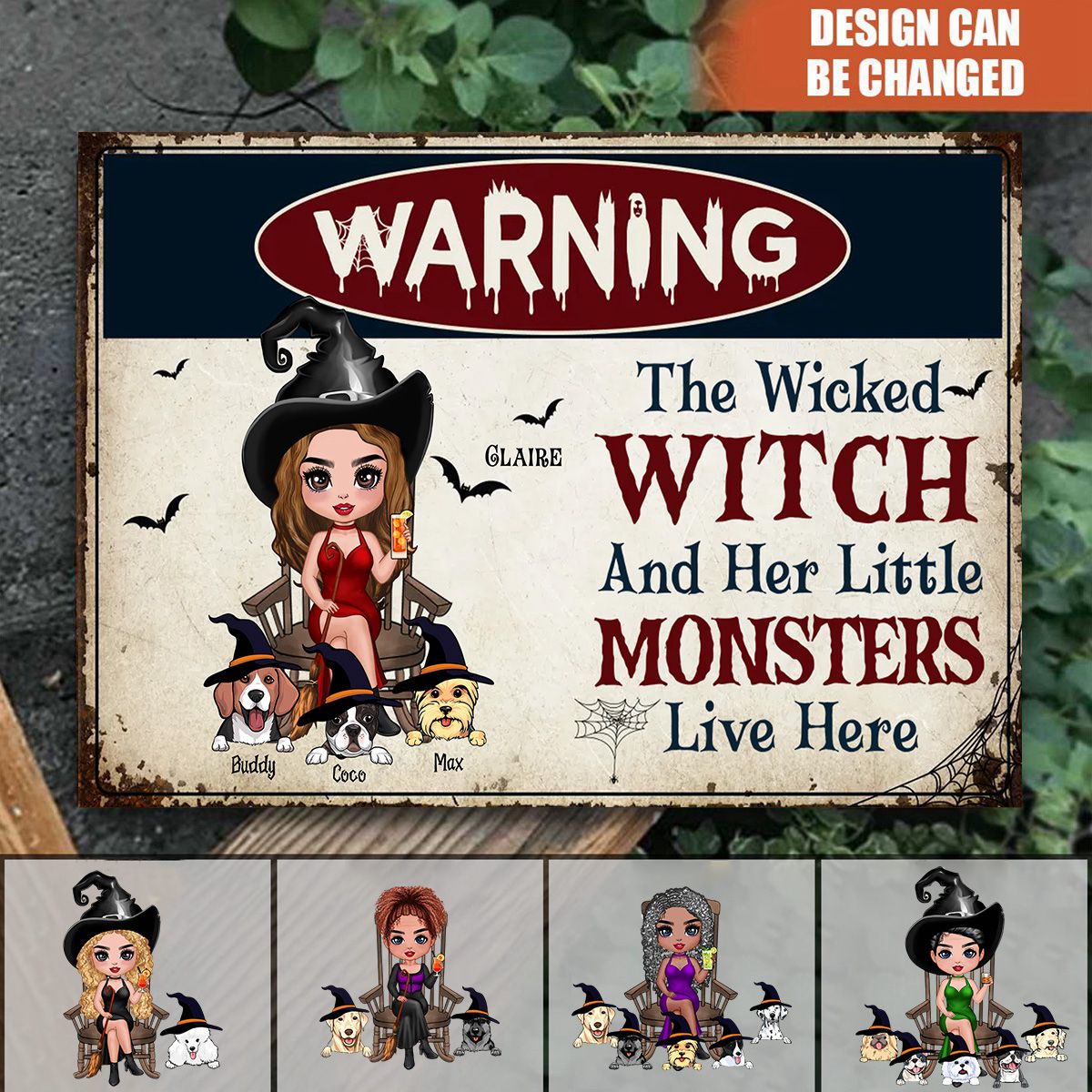 Warning Doll Wicked Witch And Little Monsters Cute Dogs Live Here Personalized Metal Sign