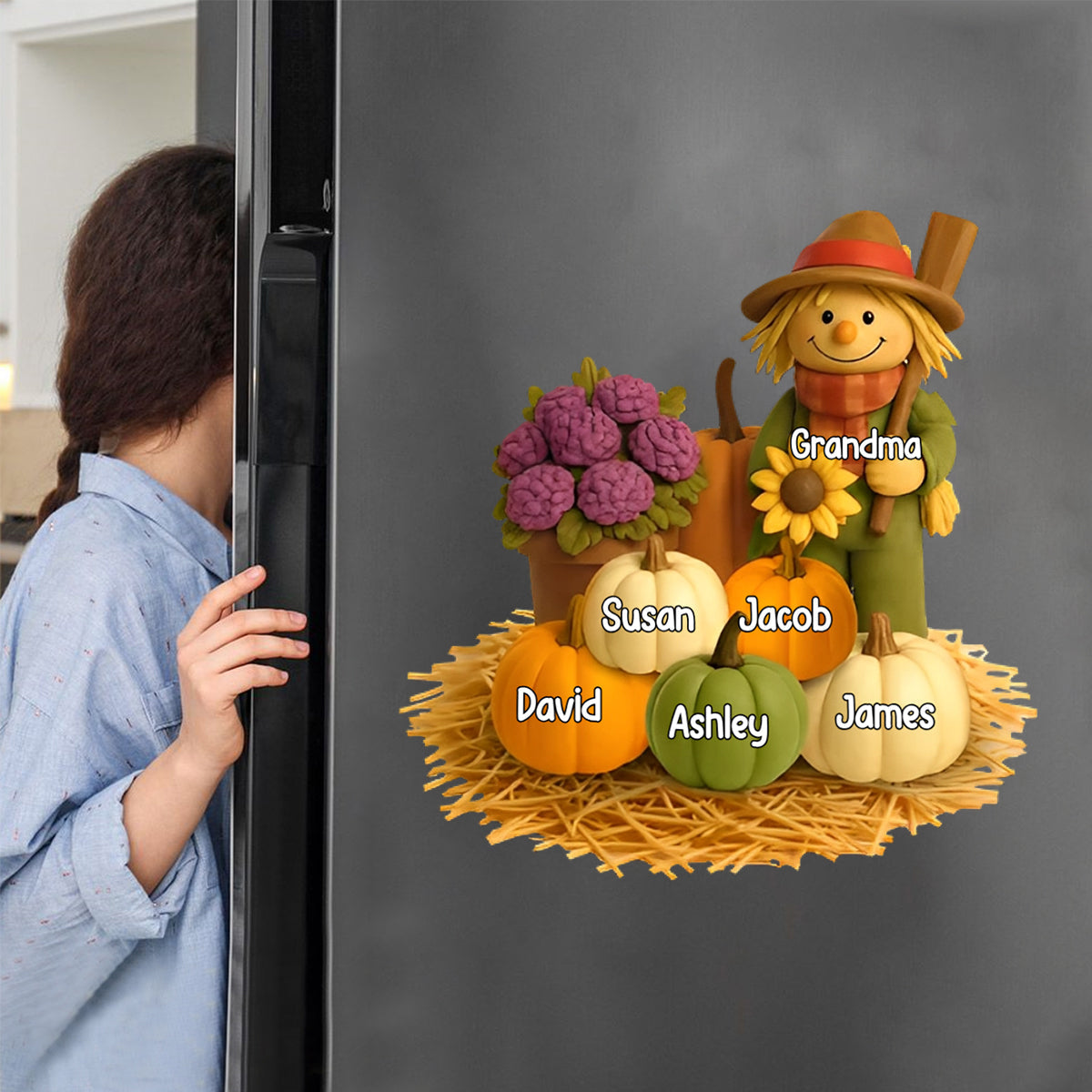 Fall Scarecrow Grandma with Pumpkins Grandkids Names Personalized Decal