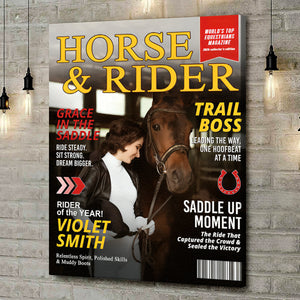 Custom Horse and Rider Magazine Cover, Equestrian Gift for Horse Lovers, Birthday Keepsake Personalized Horse Gift, Custom Equestrian Magazine Cover