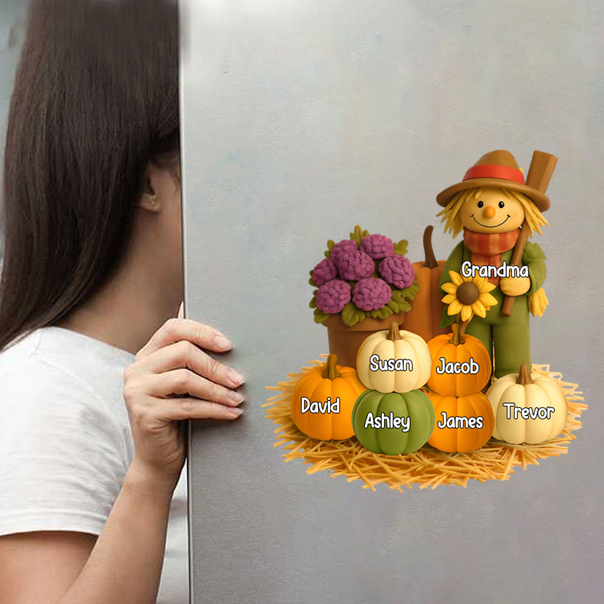 Fall Scarecrow Grandma with Pumpkins Grandkids Names Personalized Decal
