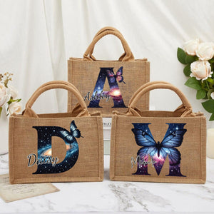 Personalized Sparkling Stars Butterfly Monogram Name Jute Tote Bag