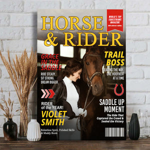 Custom Horse and Rider Magazine Cover, Equestrian Gift for Horse Lovers, Birthday Keepsake Personalized Horse Gift, Custom Equestrian Magazine Cover