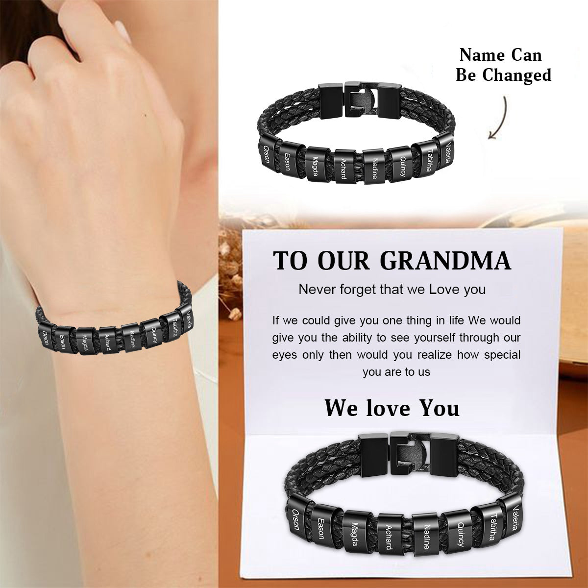 Personalized Braided Leather Bracelet Engraved 8 Names Gifts For Family,Couples