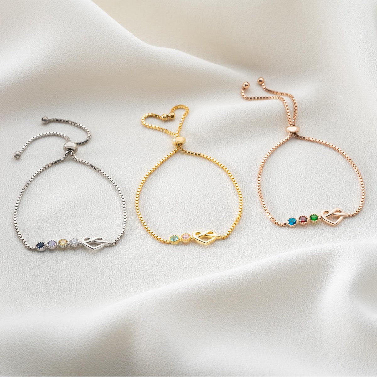Adjustable Birthstone Love Knot Bracelet, Personalized Box Chain Birthstone Bracelet