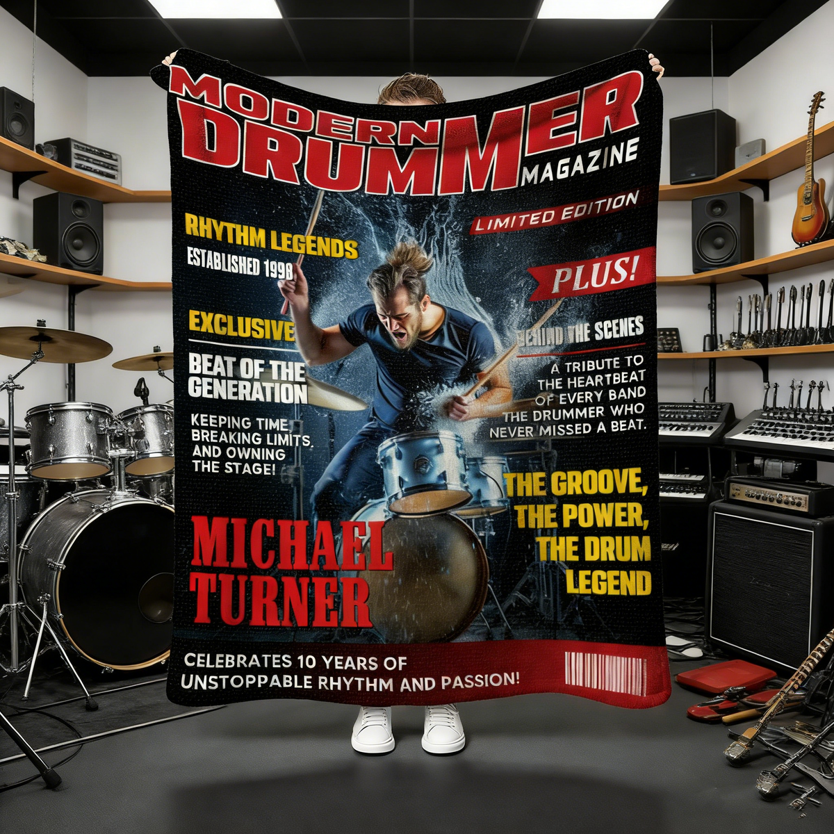 Personalized Modern Drummer Magazine Cover Blanket, Cool Gift For Music Lover, Drummer Gift