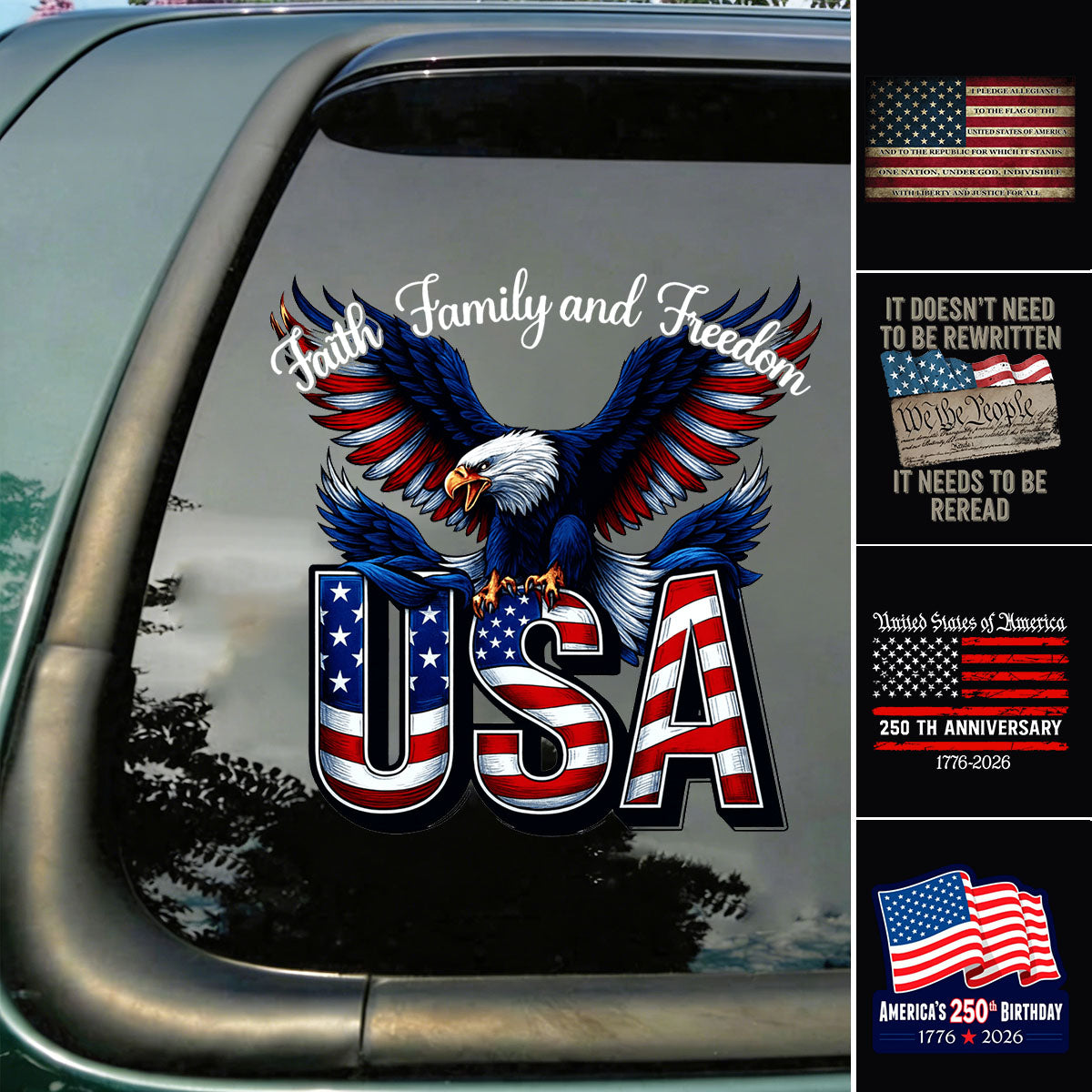 Personalized Faith, Family & Freedom America 250 Years Car Window Decal Sticker