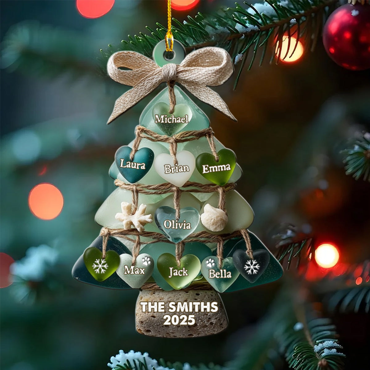 Sea Glass Family Pet Heart Christmas Tree - Personalized Acrylic Ornament