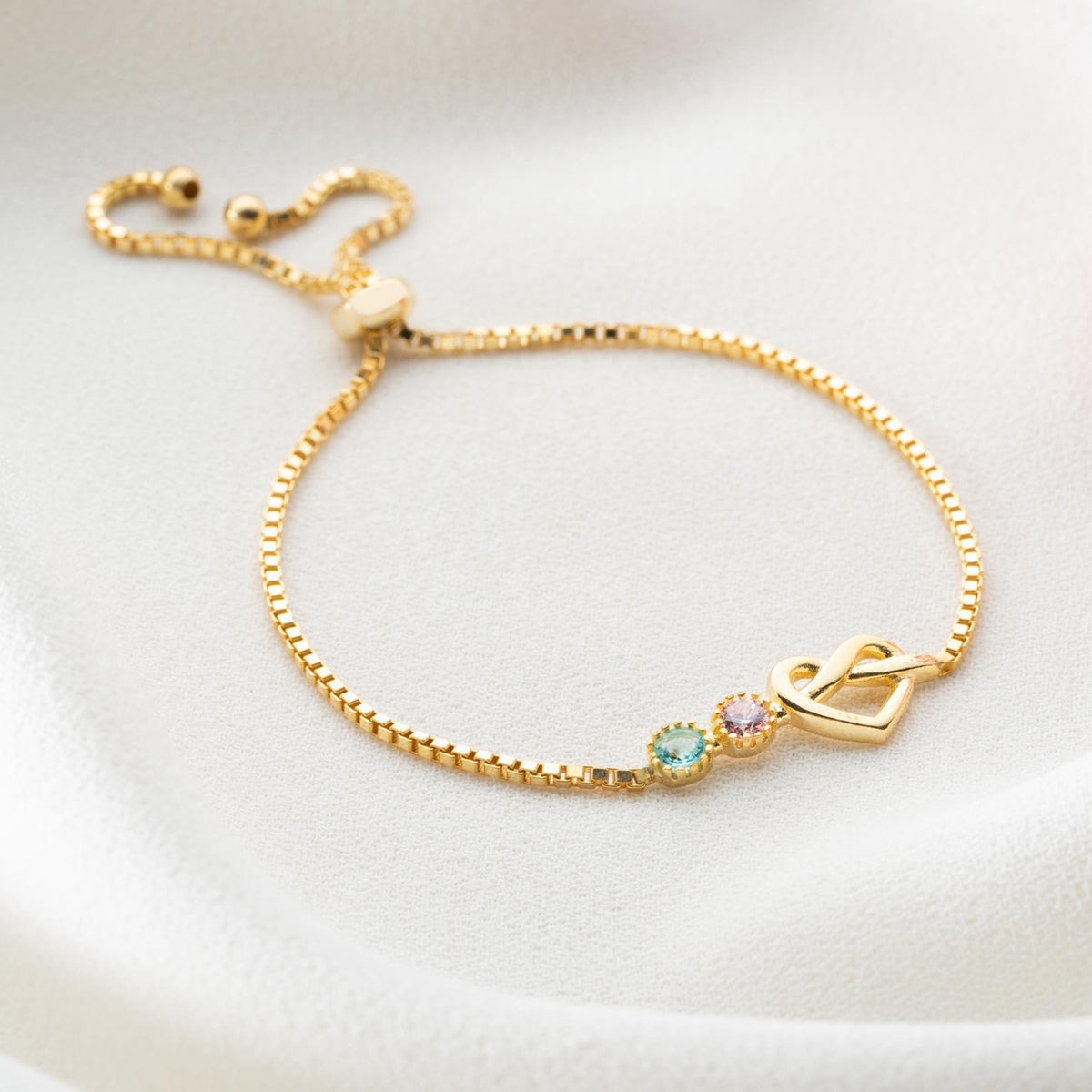 Adjustable Birthstone Love Knot Bracelet, Personalized Box Chain Birthstone Bracelet