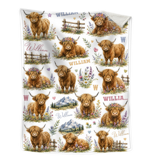 Personalized Highland Cow Baby Blanket – Custom Name Floral Design | Cute Nursery Decor & Baby Shower Gift For Boy Or Girl