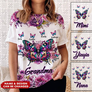 Personalized Purple & Pink Floral Butterfly Grandma T-shirt