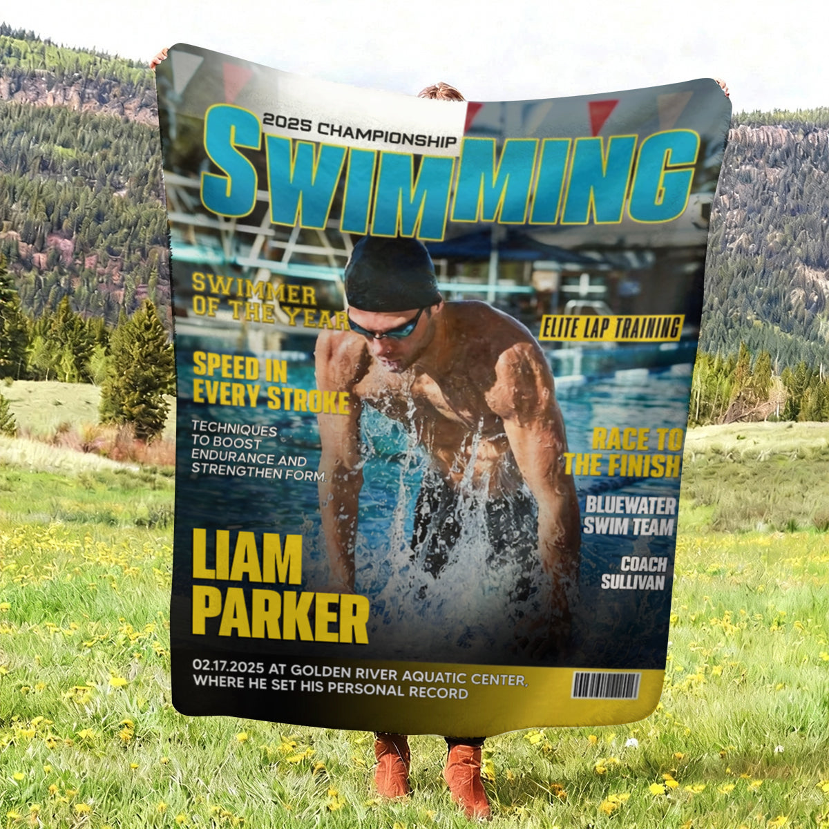 Personalized Swimming Magazine Cover Blanket, Swimming Athlete Gift, Unique Gifts For Swimmers