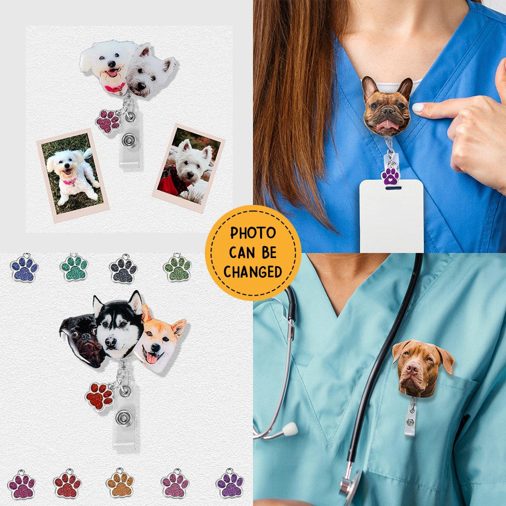Personalized Pet Portrait Badge Reel with Glitter Paw Charm Gift for Pet Lover