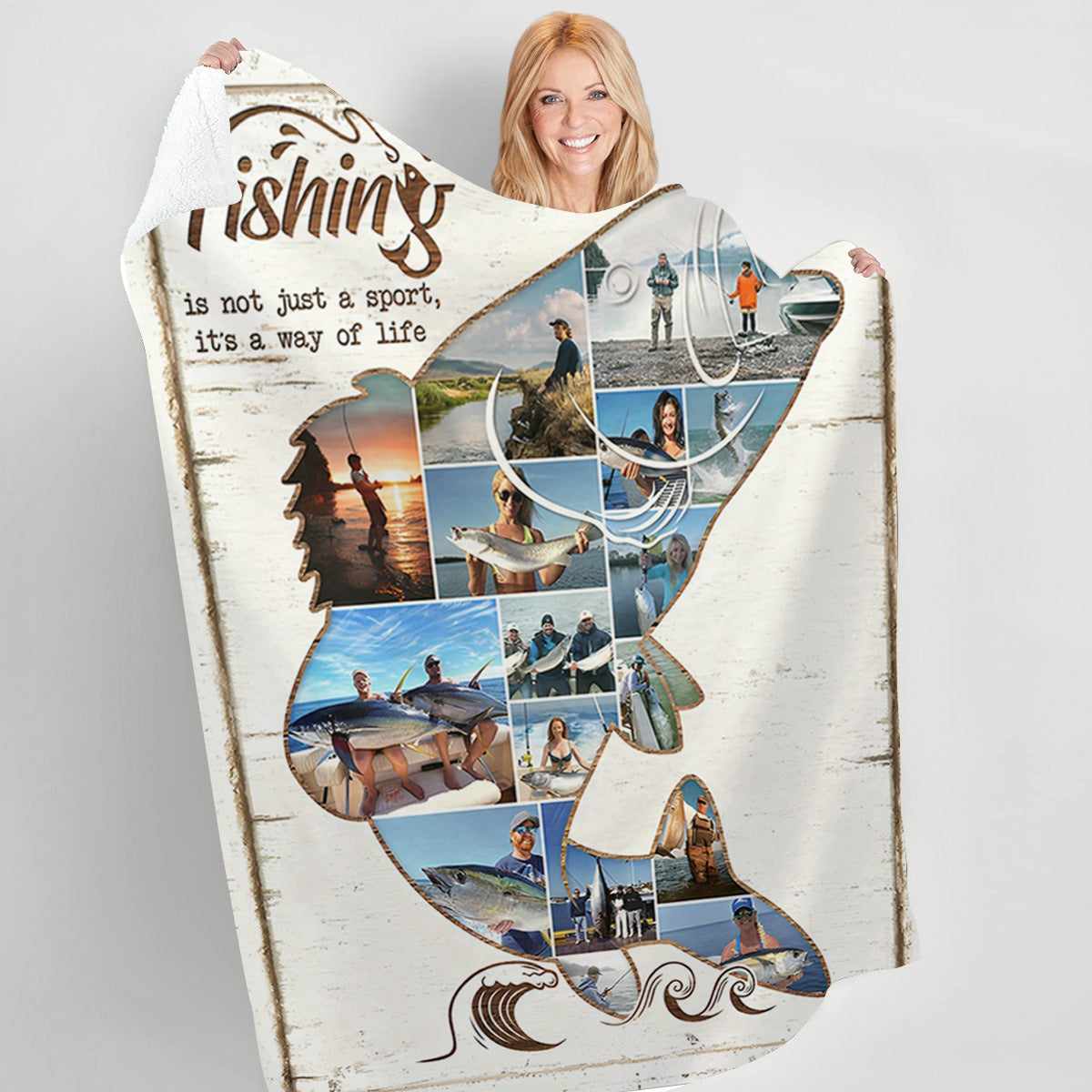 Personalized Fishing Photo Collage Blanket, Fish Shape Blanket, Fishing Gift