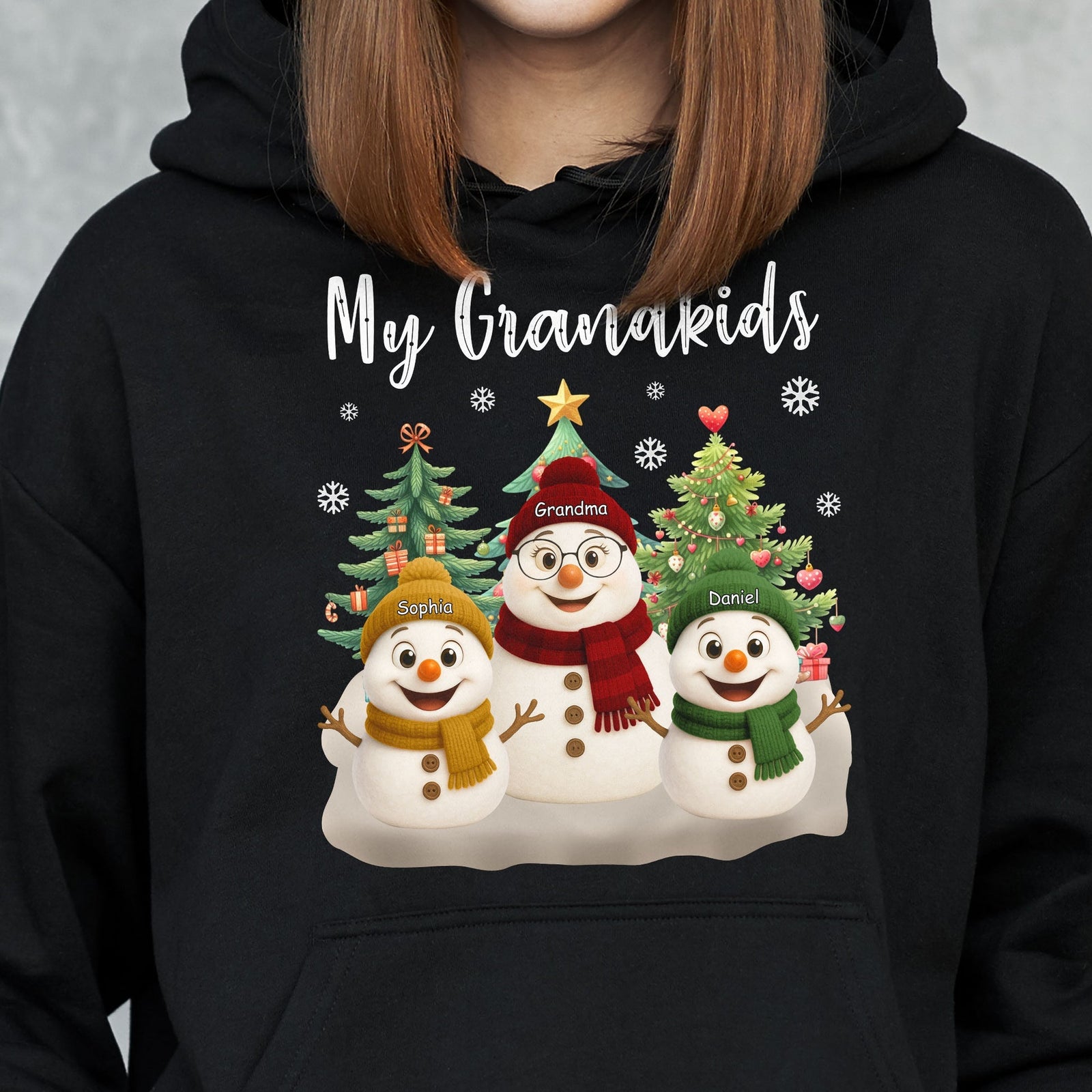 Grandma Snowman With Grandkids Lovely - Personalized Pure Cotton Hoodie