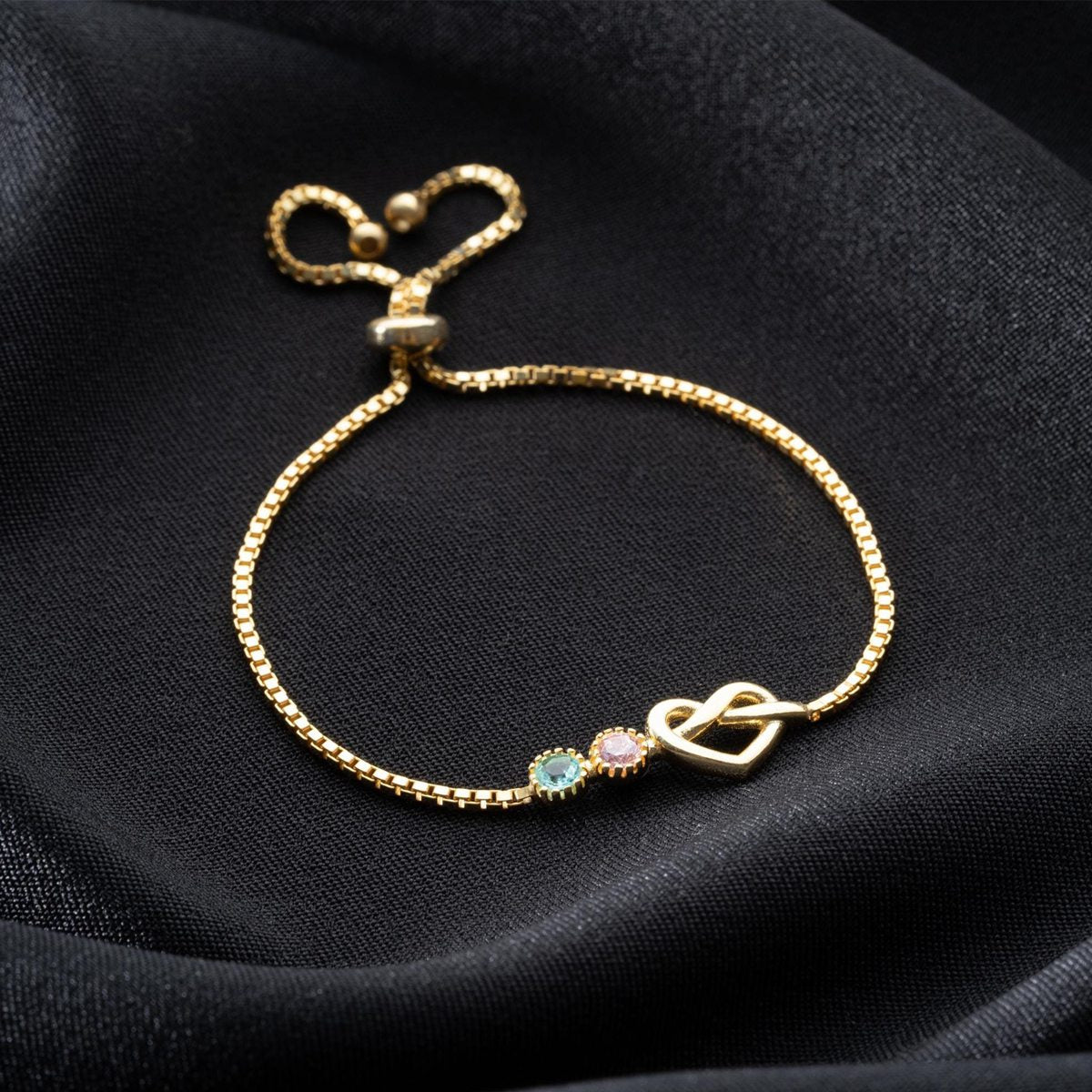 Adjustable Birthstone Love Knot Bracelet, Personalized Box Chain Birthstone Bracelet