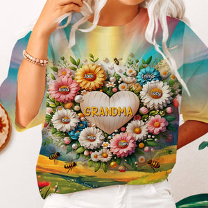 Personalized Gift For Grandma Floral Heart 3D T-Shirt
