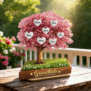 Grandkids Make Life More Grand Family Heart Tree - Personalized Wooden Plaque - Heartfelt Gift for Grandma