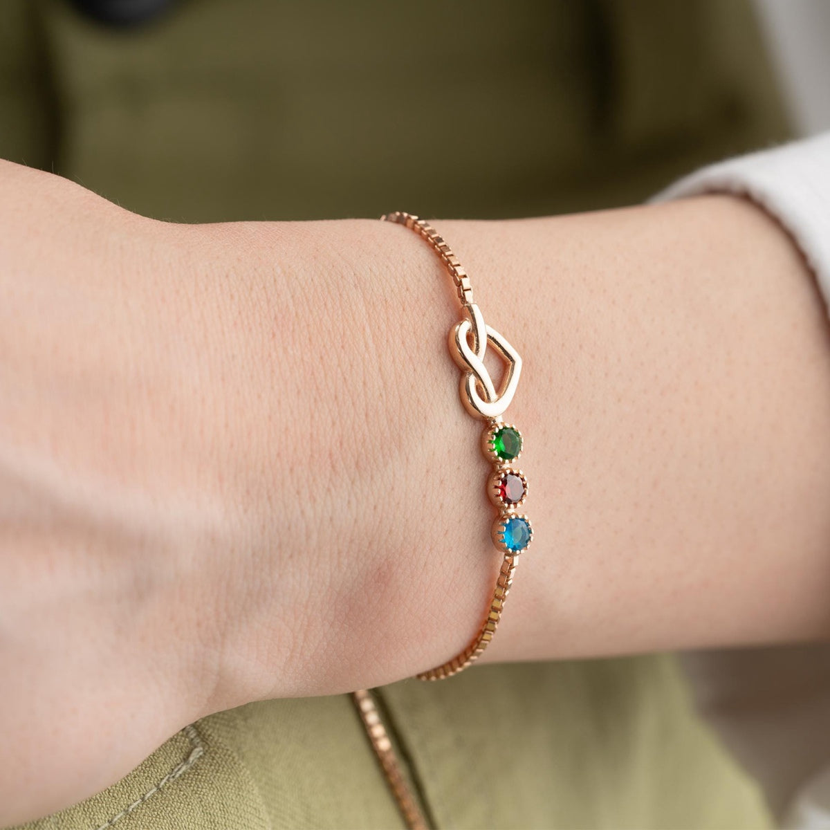 Adjustable Birthstone Love Knot Bracelet, Personalized Box Chain Birthstone Bracelet