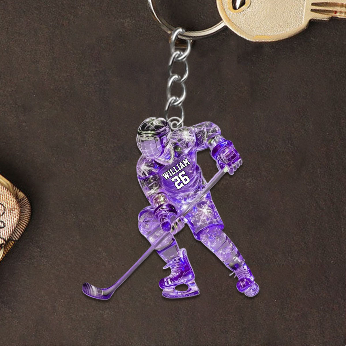 Sparkling Ice Hockey Player - Personalized Hockey Keychain