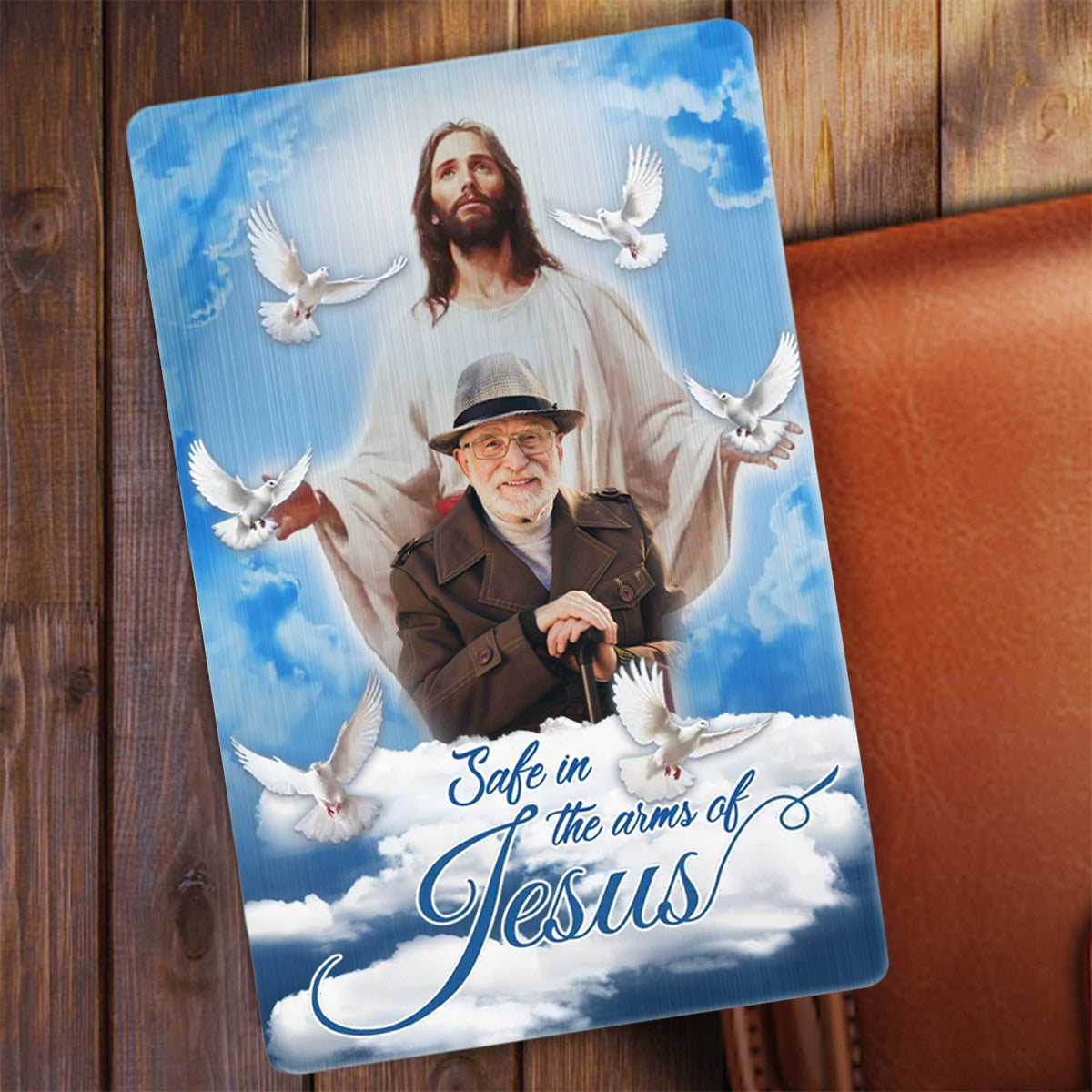 Personalized Blue Sky With Pigeon Safe In The Arms Of Jesus Memorial Wallet Card