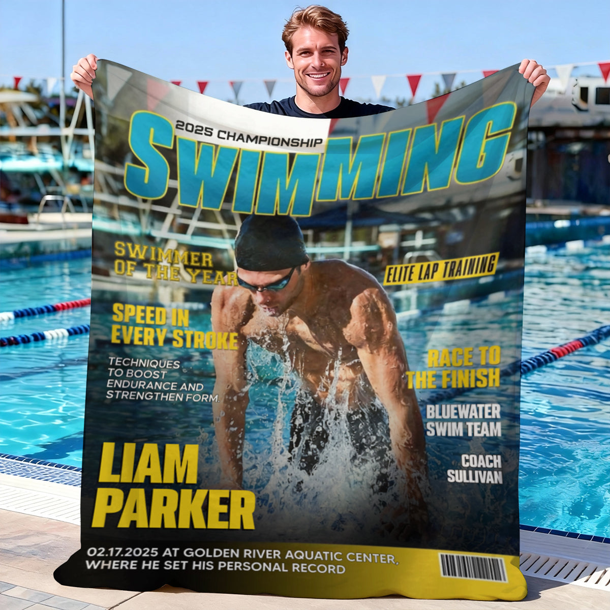Personalized Swimming Magazine Cover Blanket, Swimming Athlete Gift, Unique Gifts For Swimmers