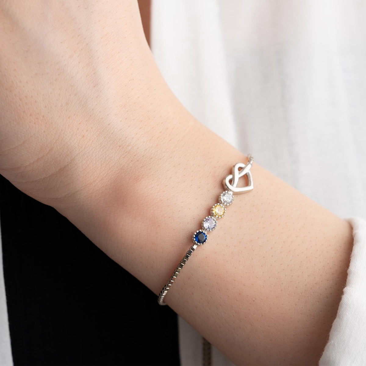 Adjustable Birthstone Love Knot Bracelet, Personalized Box Chain Birthstone Bracelet
