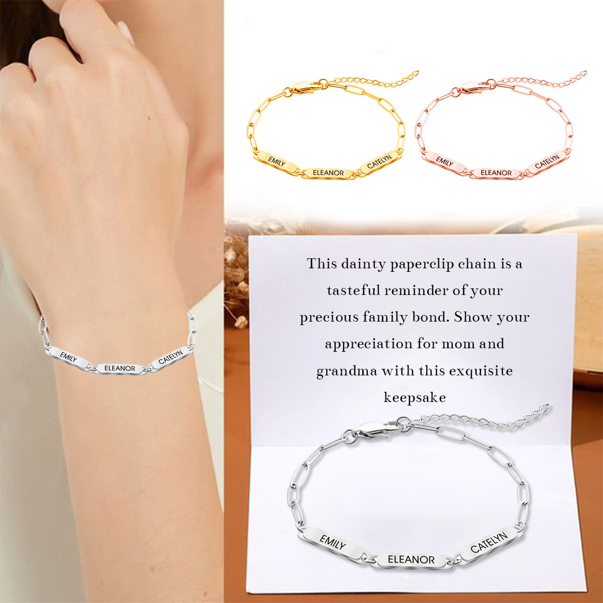 Personalized Family Name Bar Bracelet Engraved Charm with a Dainty Paperclip Chain