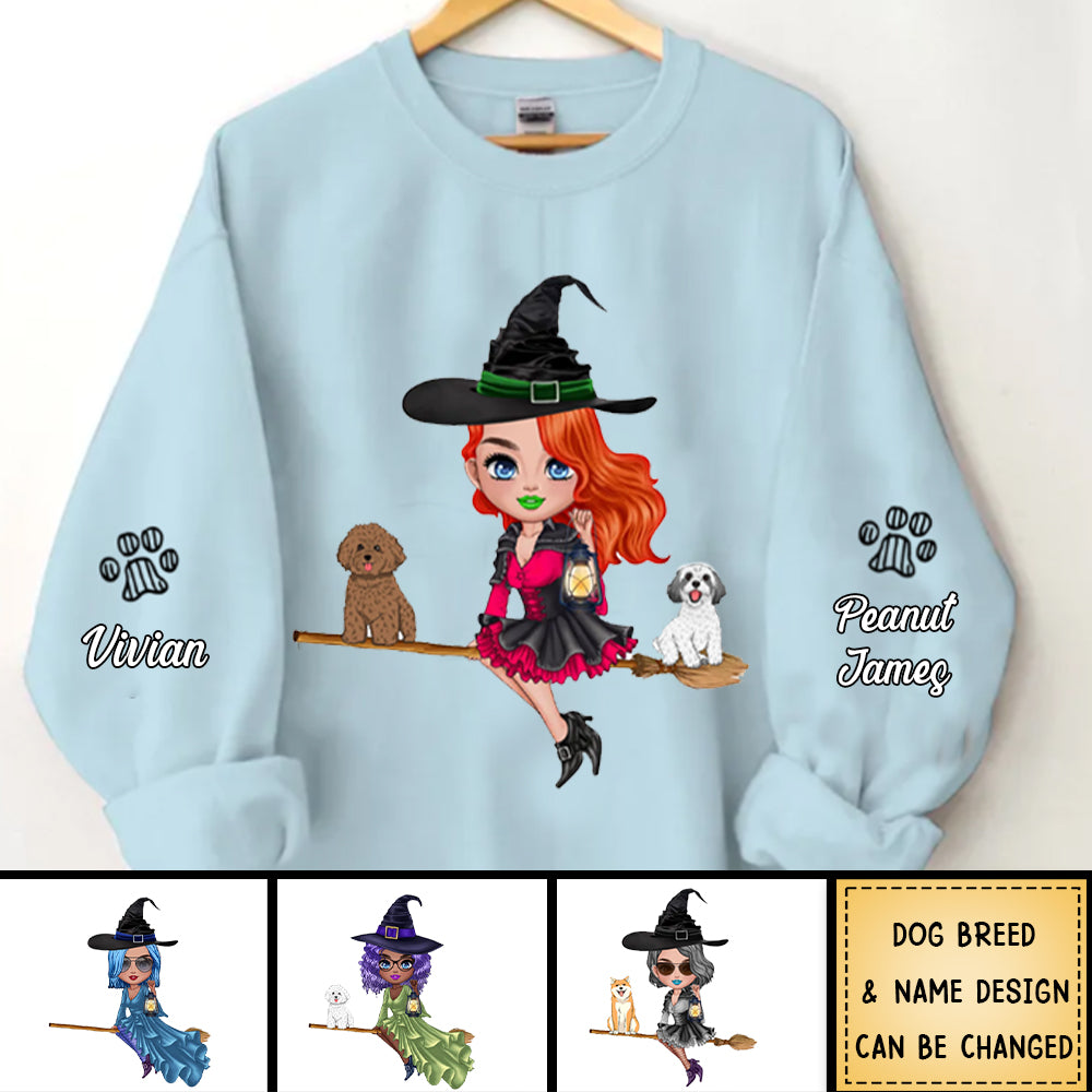Witch Riding Broom Mystical Girl With CuteDog Puppy Pet Personalized Sweatshirt
