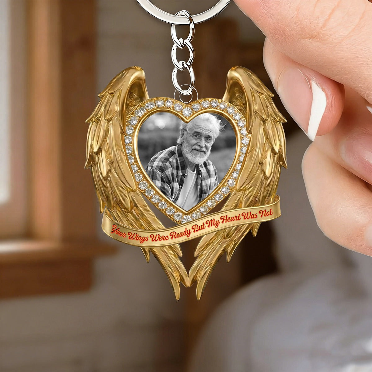 Golden Memorial Heart Wings - Personalized Heart Photo Acrylic Keychain