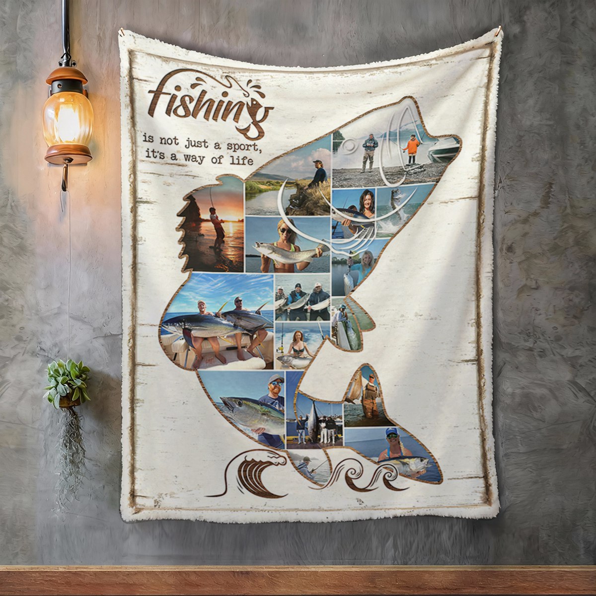 Personalized Fishing Photo Collage Blanket, Fish Shape Blanket, Fishing Gift
