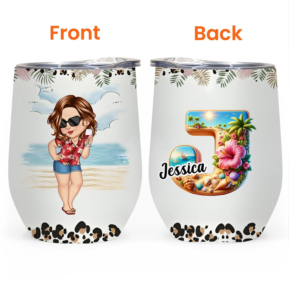 Summer Is Calling Beach Vacation Monogram - Leopard Version - Personalized Wine Tumble