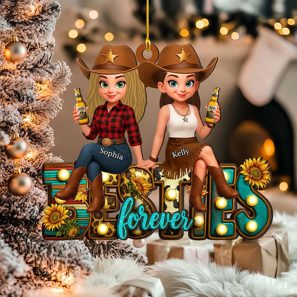 Western Fall Vibe Besties Personalized Wooden Ornament, Fall Gift for Best Friends