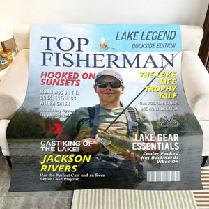Personalized Lake Fishing Magazine Cover Blanket, Custom Gift for Fishing Dad, Husband or Him