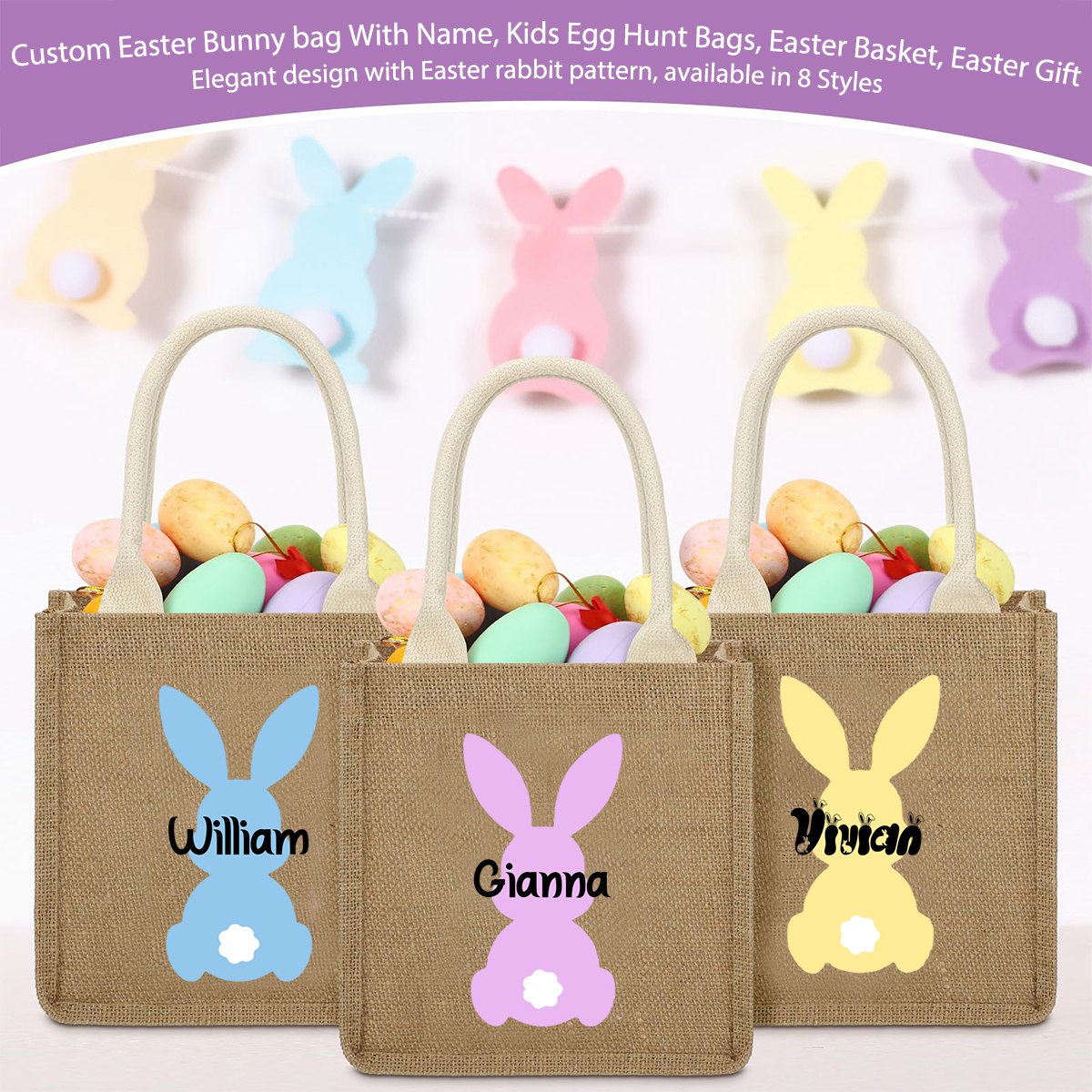 Personalized Easter Bunny Jute bag With Name, Kids Egg Hunt Bags, Easter Basket, Easter Gift Bags