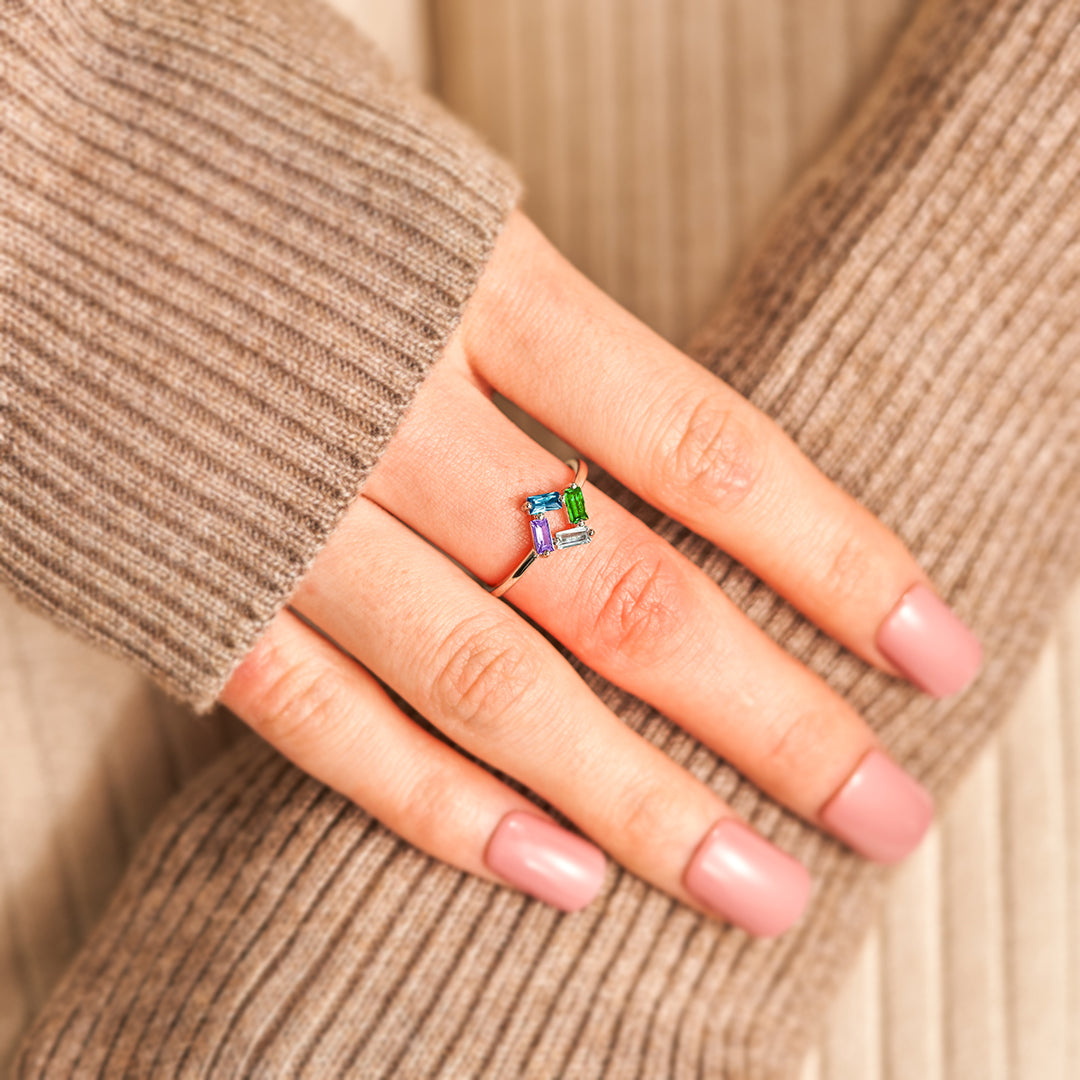 Personalized Baguette Mothers 3-6 Birthstones Family 925 Sliver Ring