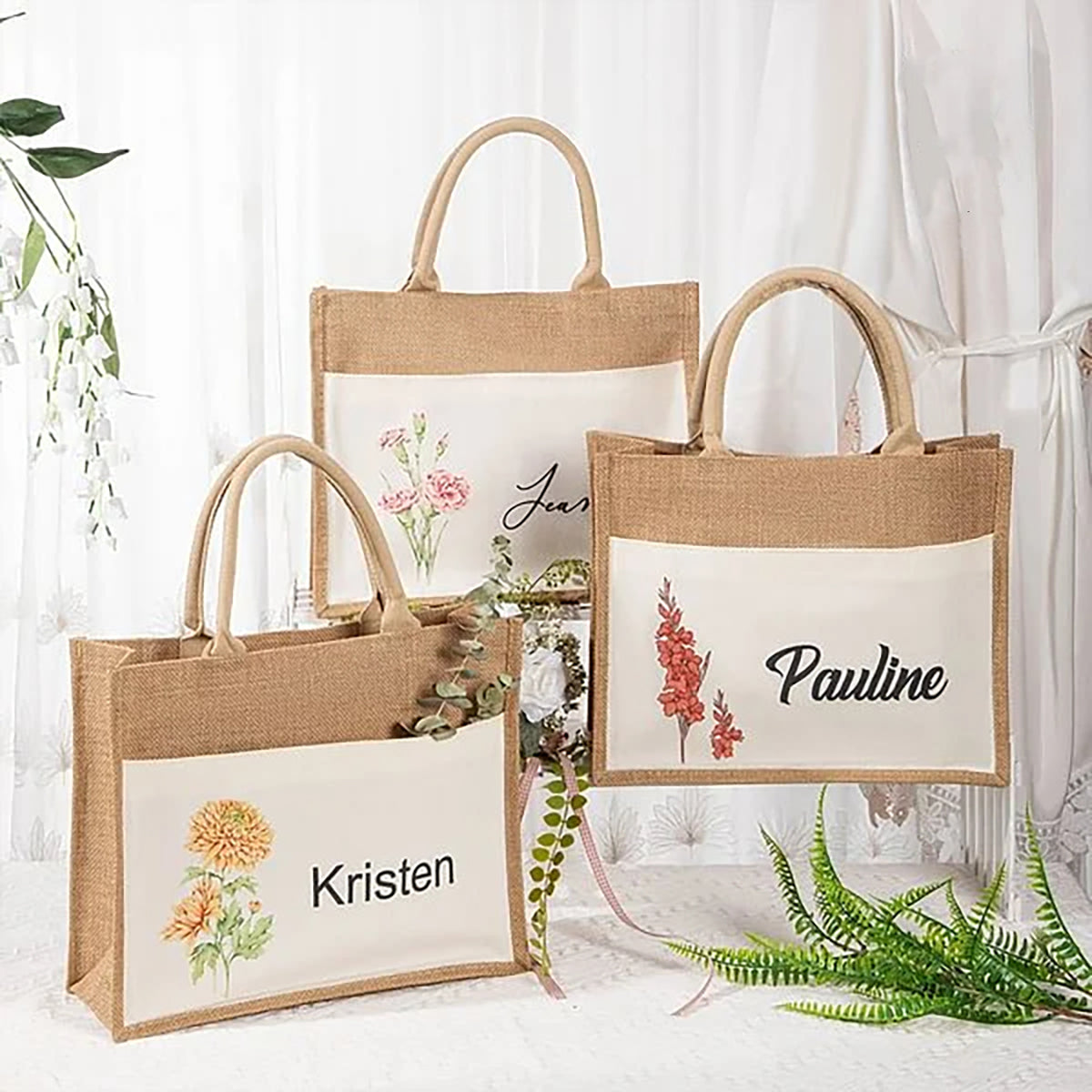Personalized Grandma Mom Birth Flower Beach Jute Tote Bag
