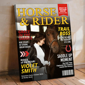 Custom Horse and Rider Magazine Cover, Equestrian Gift for Horse Lovers, Birthday Keepsake Personalized Horse Gift, Custom Equestrian Magazine Cover