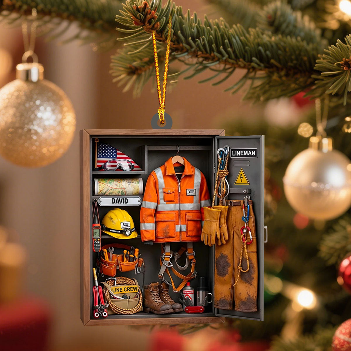 Customize This Unique Lineman Tribute Featuring Jacket And Tools, Personalized Custom Wood Ornament, Gift For Linemen And Utility Workers