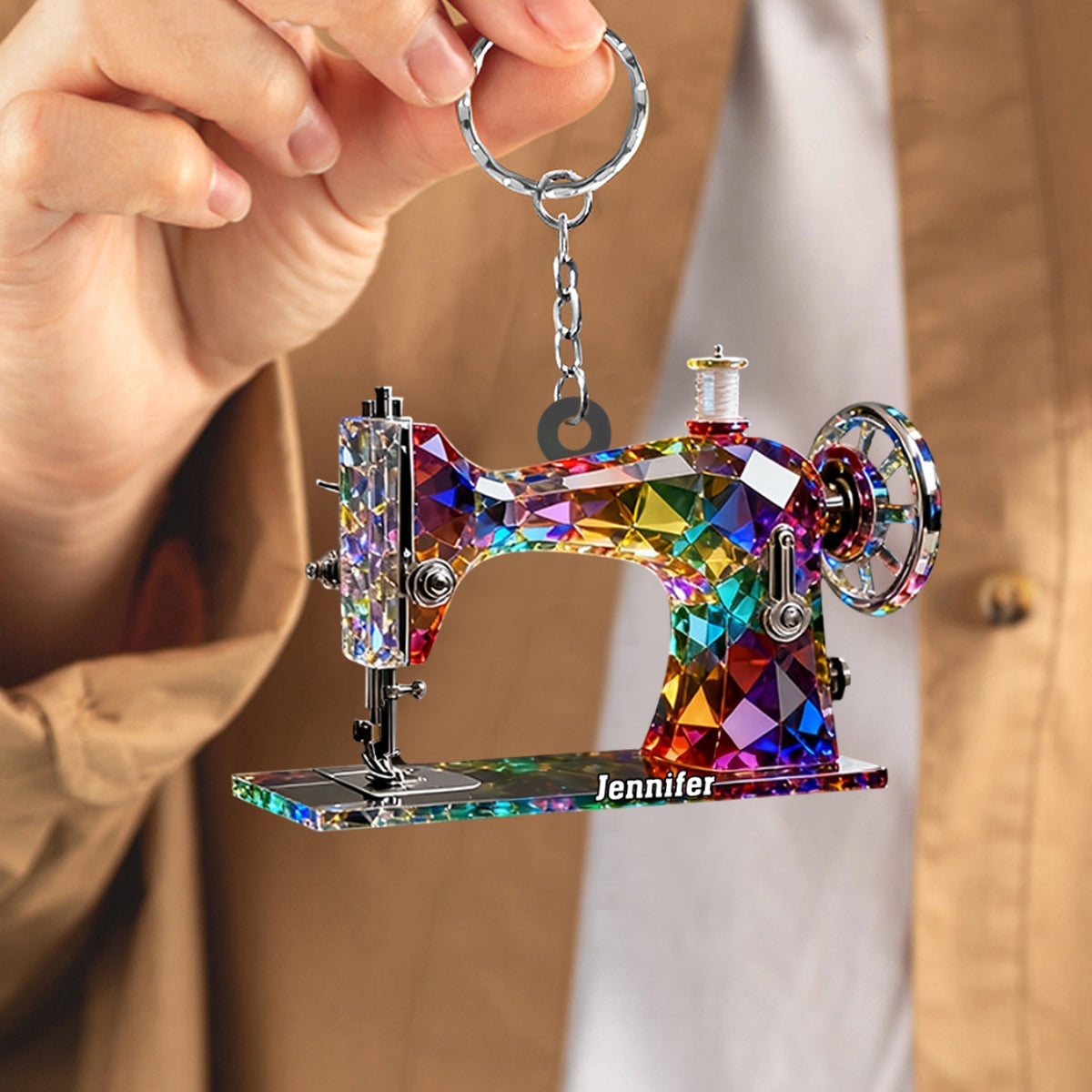 Stained Glass Effect Sewing Machine Custom Name Acrylic Keychain, Gift For A Tailor