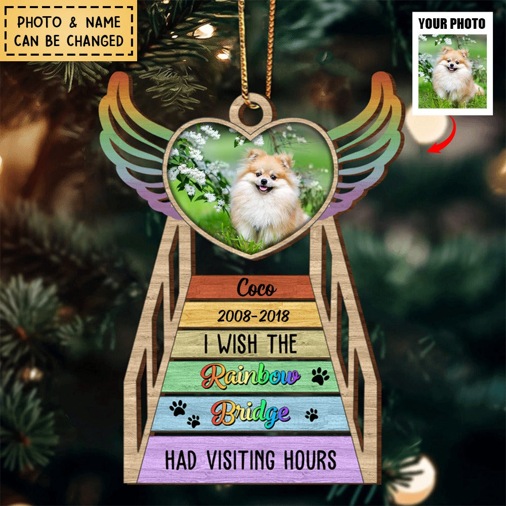 Memorial Pawprint Heart Wings, I Wish Rainbow Bridge Had Visiting Hours Personalized Wooden Ornament