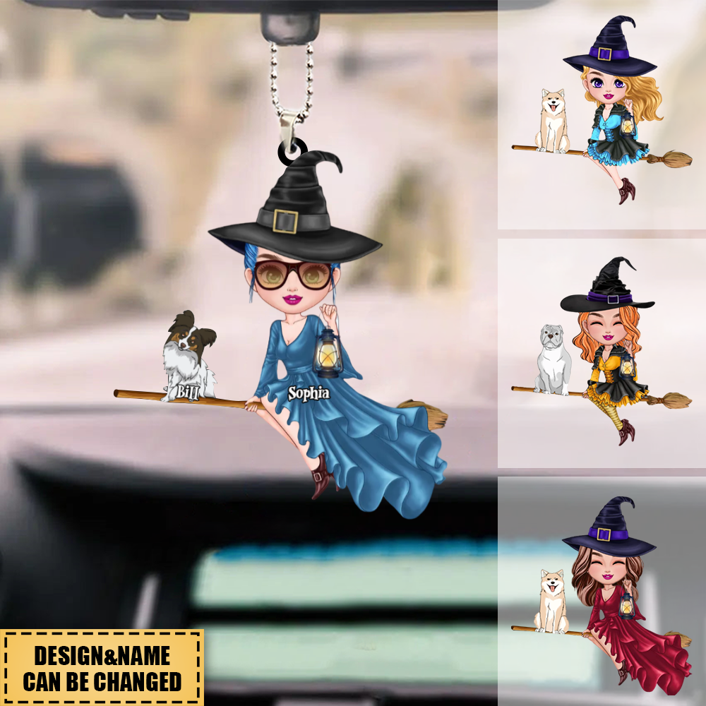 Witch Riding Broom Mystical Girl With CuteDog Puppy Pet Personalized Car Ornament