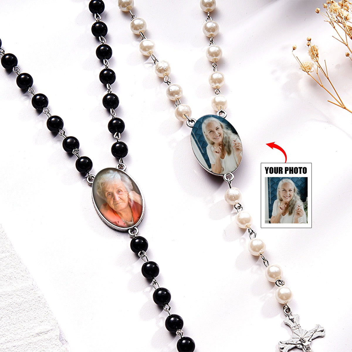 Custom Rosary Beads Cross Multi-Personalized Necklace With Photo Memorable Gift For Women