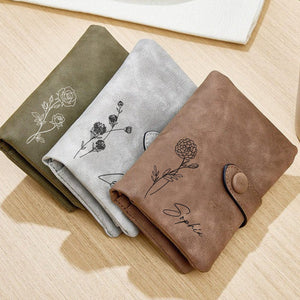 Personalized Tri-Fold Birth Flower Leather Wallet Card Holder