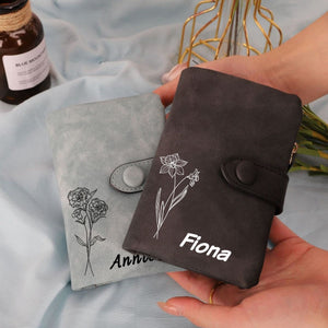 Personalized Tri-Fold Birth Flower Leather Wallet Card Holder
