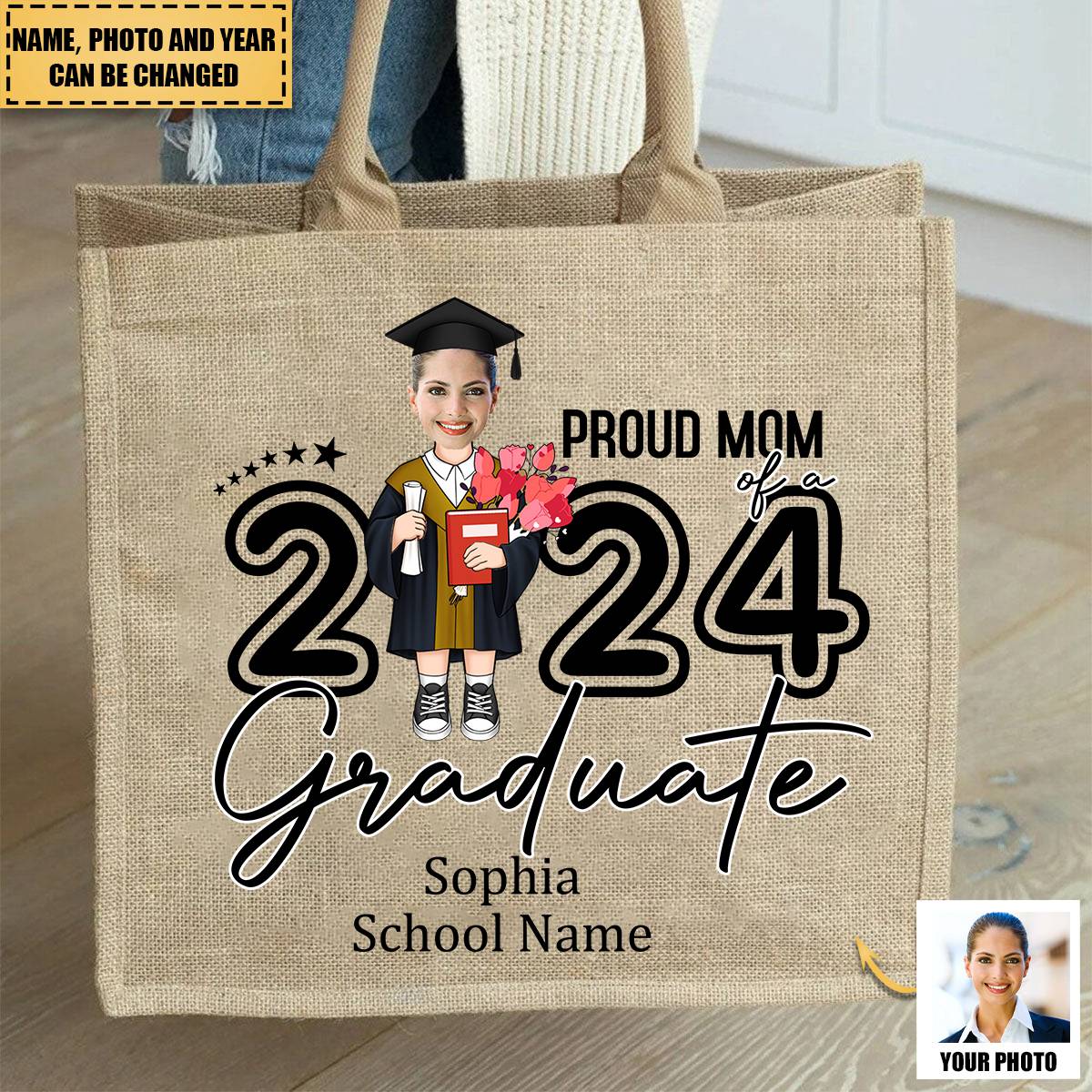 Personalized Proud Mom Of A Graduate Jute Tote Bag