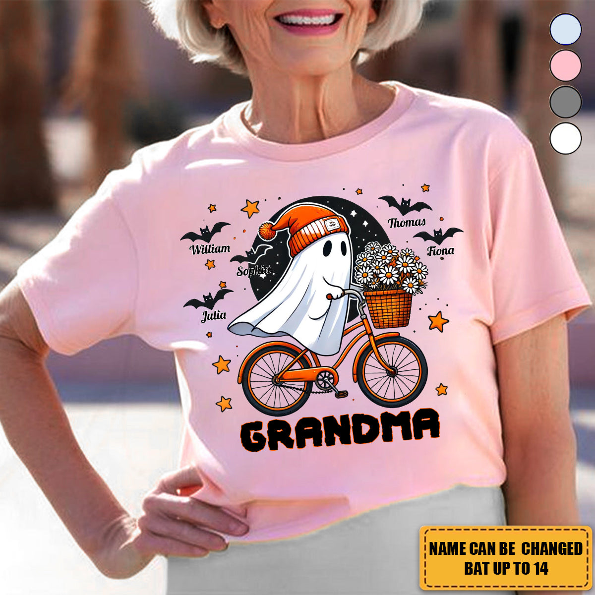 Grandma Ghost Riding Bike And Bat Kid Names - Personalized Halloween Spandex T-Shirt