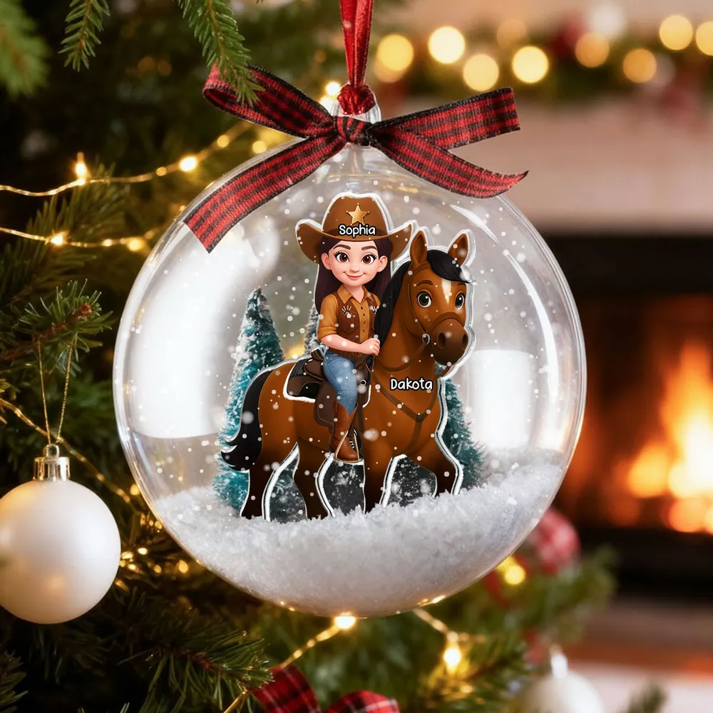 Girl Riding Horse - Personalized Snow Globe Shape Ornament