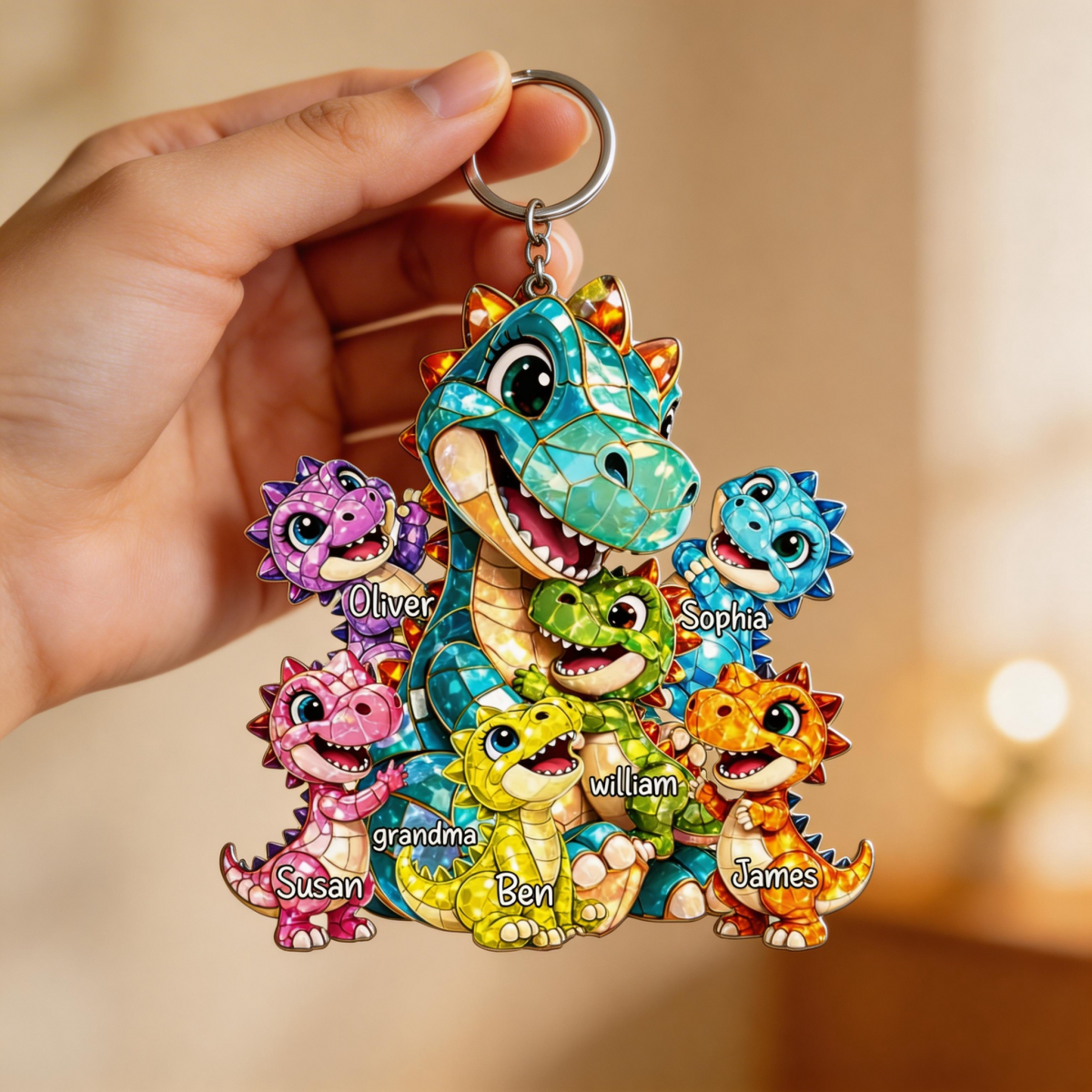 Dinosaur Grandma Grandkids - Personalized Acrylic Keychain Gift for Grandma, Mom